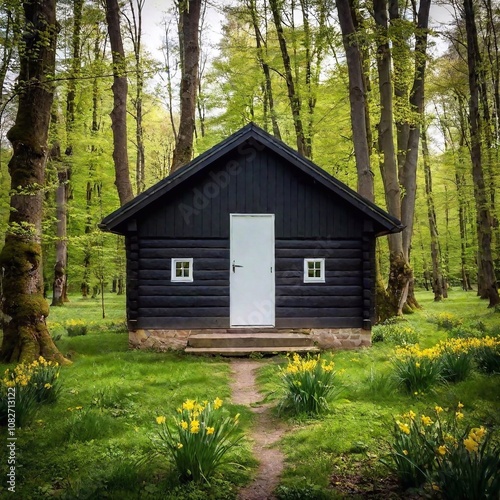 Scenic view of black house in spring forest