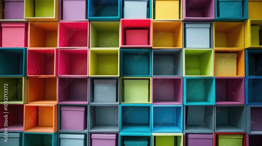 Neatly stacked shelves filled with colorful boxes Neatly stacked shelves filled with colorful boxes