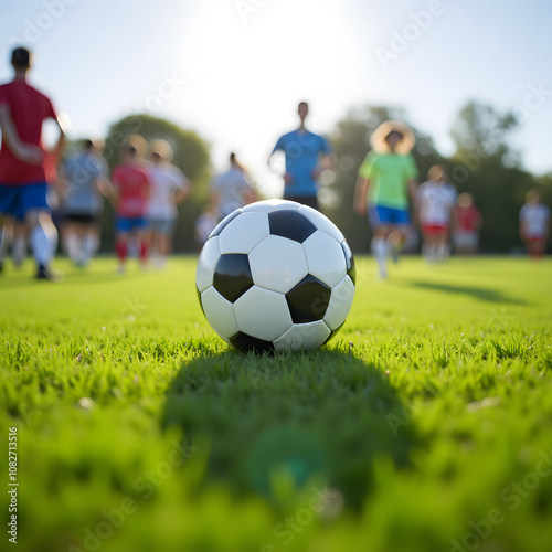 Youth soccer practice on a sunny day with players and ball in focus