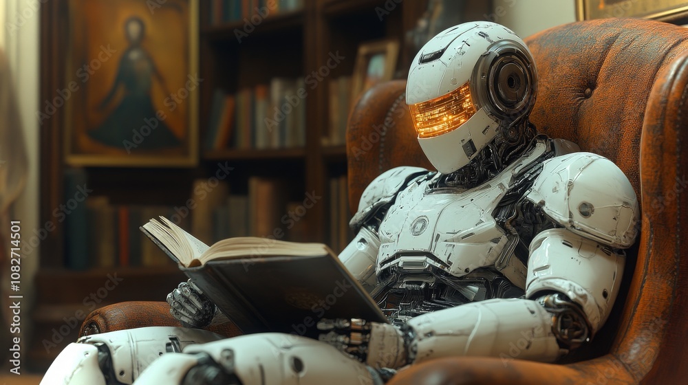 An android reading a book while sitting comfortably in a cozy armchair in a well-lit library An android reading a book while sitting comfortably in a cozy armchair in a well-lit library
