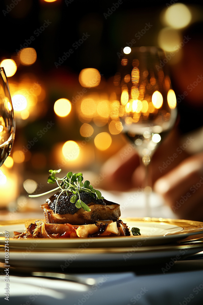 A truffle dish being served on a tall plate in a fine dining restaurant, with golden accents and elegant presentation, candlelight in the background. A truffle dish being served on a tall plate in a fine dining restaurant, with golden accents and elegant presentation, candlelight in the background.