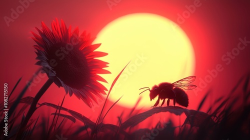 A close-up of a bee collecting nectar from a sunflower in a vibrant field