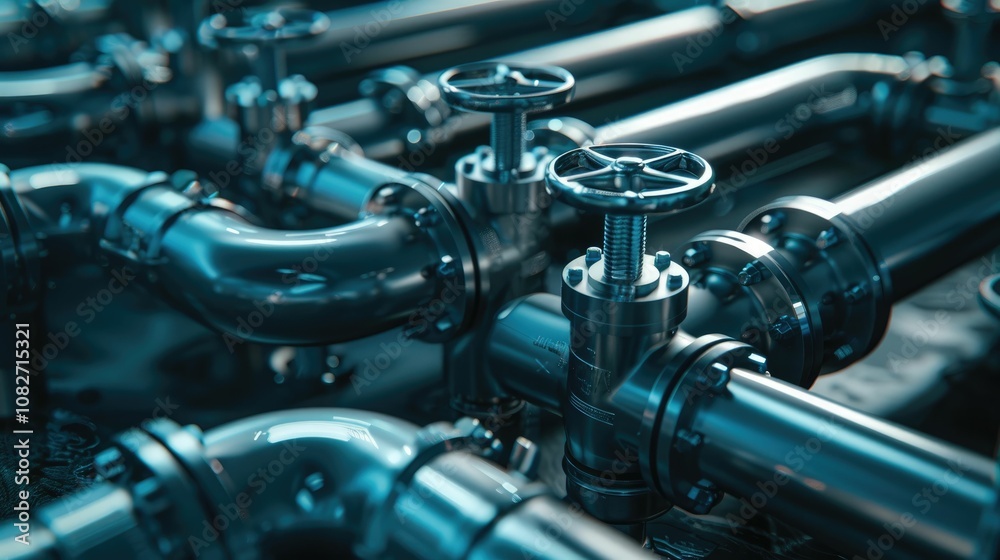 Network of interconnected industrial pipes and valves Network of interconnected industrial pipes and valves