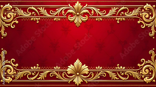 A seamless pattern featuring Victorian ornamental borders with intricate acanthus leaf and floral motifs, in shades of deep red and gold 