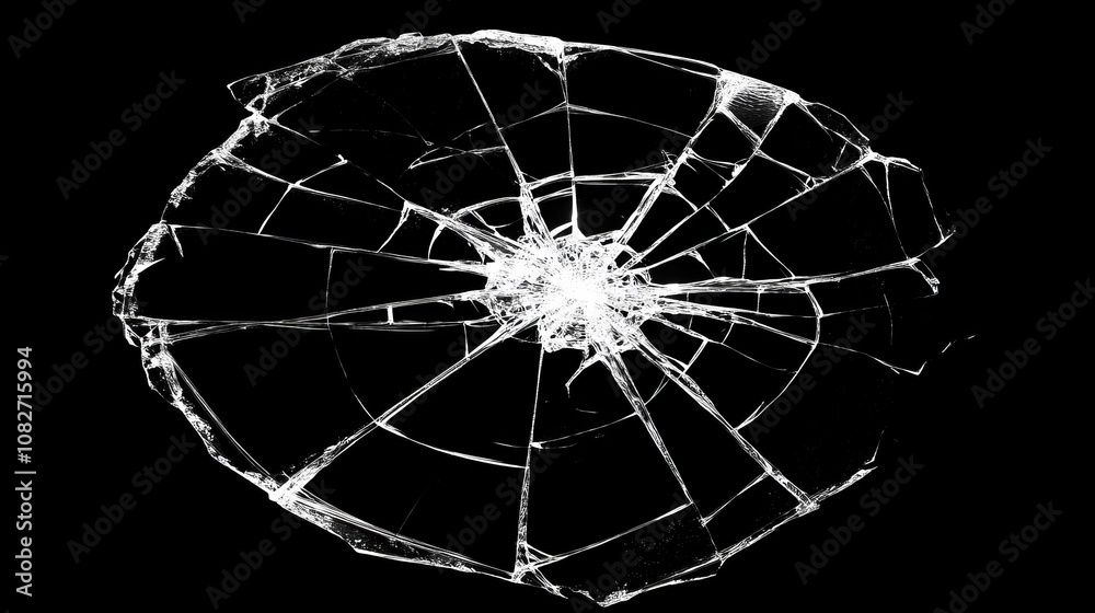 Obraz premium Shattered Glass on Black Background, Broken Window, Vandalism, Security Breach, Business Closed