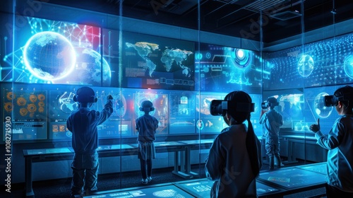 A group of children wearing VR headsets interact with holographic displays in a futuristic lab.