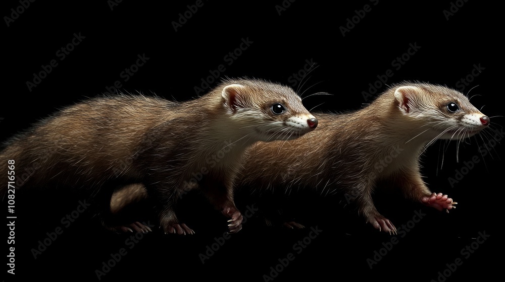 Two cute ferrets with brown fur and black eyes are looking to the right on a black background. Two cute ferrets with brown fur and black eyes are looking to the right on a black background.