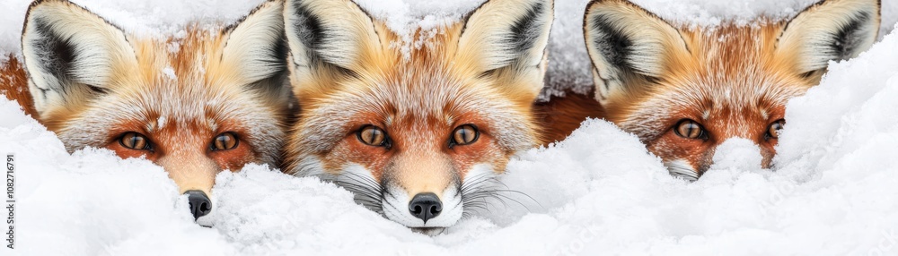 Obraz premium A red fox peering curiously through snow-covered underbrush in a serene winter scene