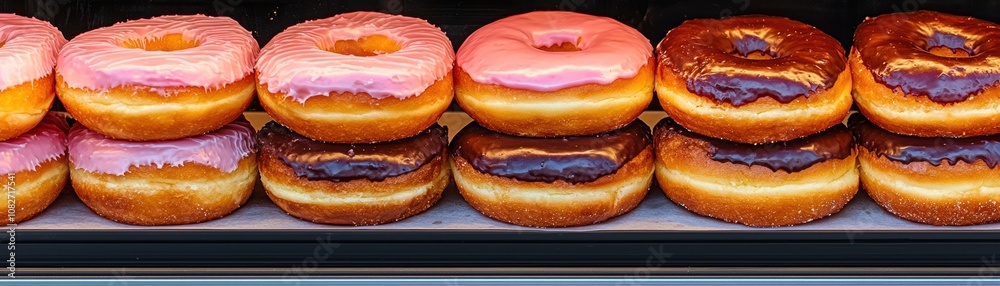 A stack of colorful frosted doughnuts displayed in a cozy bakery window A stack of colorful frosted doughnuts displayed in a cozy bakery window
