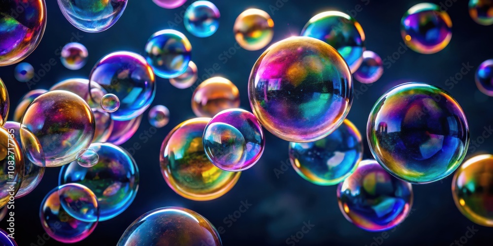 Vibrant Soap Bubbles Floating in the Air Against Dark Background for Abstract Design Projects Vibrant Soap Bubbles Floating in the Air Against Dark Background for Abstract Design Projects