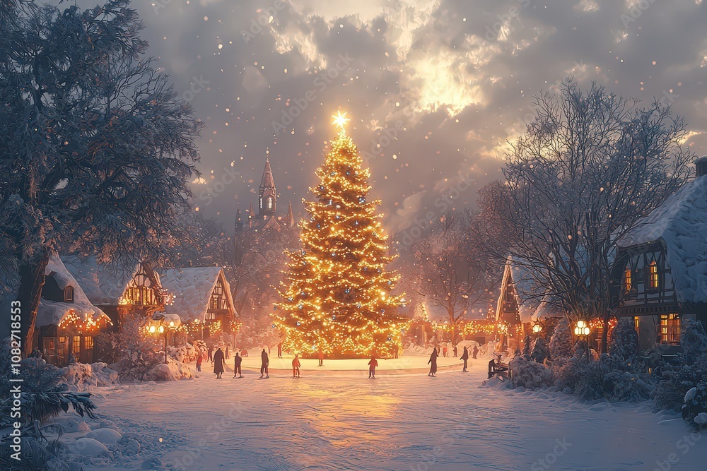 A large Christmas tree in the center of an old European village, people skating on an ice rink around it, evening lighting A large Christmas tree in the center of an old European village, people skating on an ice rink around it, evening lighting