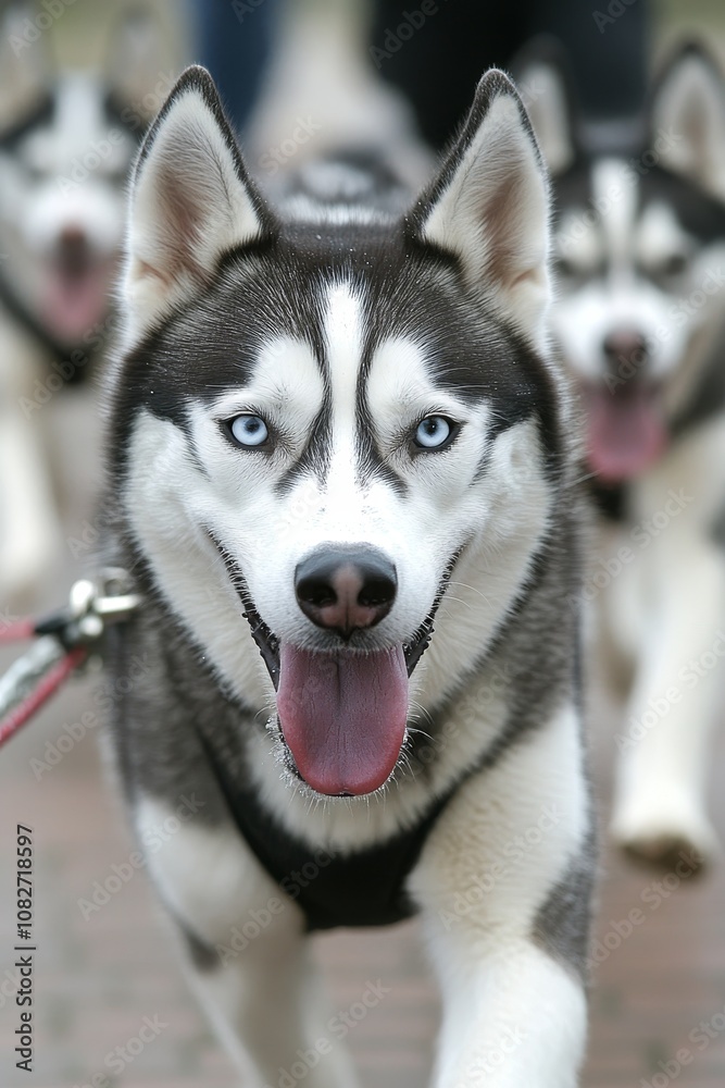 Siberian Husky On The Move, Close-Up Portrait Of Beautiful Spitz Breed Dog With Striking Blue Eyes. Siberian Husky On The Move, Close-Up Portrait Of Beautiful Spitz Breed Dog With Striking Blue Eyes.