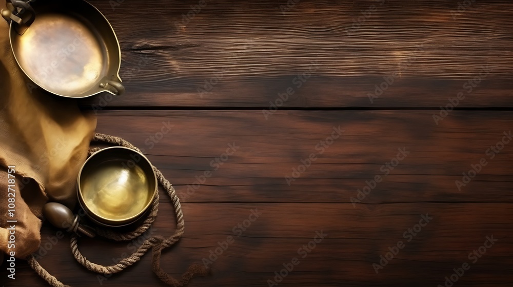 Two Brass Bowls, Rope, and Fabric on a Wooden Surface Two Brass Bowls, Rope, and Fabric on a Wooden Surface