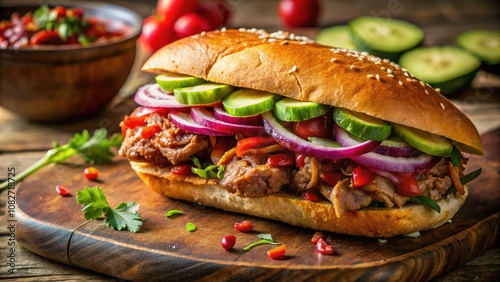 This tantalizing macro image highlights a delicious Mexican Torta Ahogada, featuring rich ingredients that inspire culinary enthusiasts and awaken the taste buds for exquisite flavors.