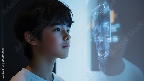 A close-up of a student interacting with a virtual tutor powered by AI, displayed on a holographic screen, providing step-by-step explanations of complex topics