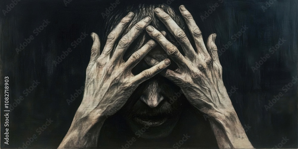 Close-up of hands covering a face, showing despair Close-up of hands covering a face, showing despair