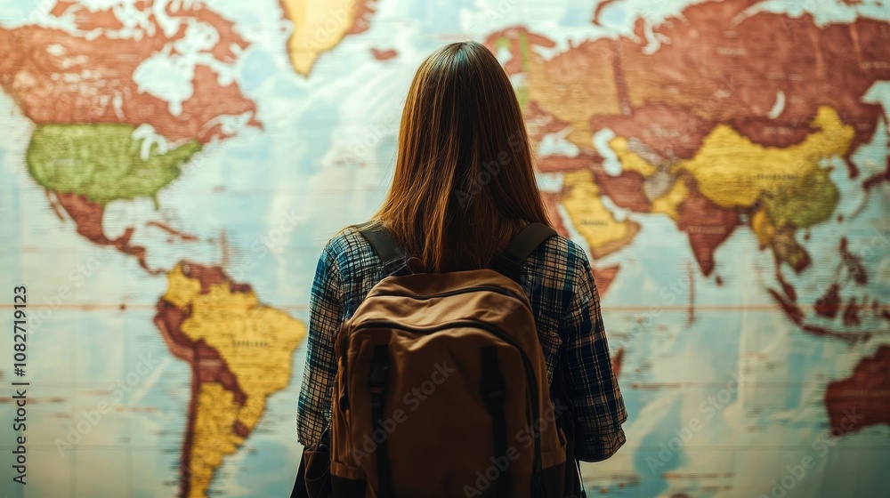 A traveler with a backpack gazes at a world map, embodying the spirit of adventure and exploration. A traveler with a backpack gazes at a world map, embodying the spirit of adventure and exploration.