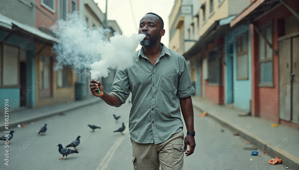 Black man in an urban setting, standing on the street, is holding a vape in his hand and appears to be blowing out smoke from it. His facial expression is neutral. Buildings and birds in background. Black man in an urban setting, standing on the street, is holding a vape in his hand and appears to be blowing out smoke from it. His facial expression is neutral. Buildings and birds in background.