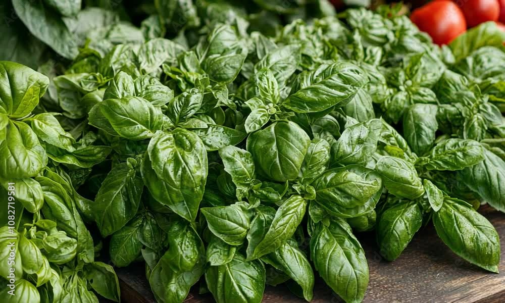 Fresh Basil Leaves Gathered on a Rustic Wooden Table Surrounded by Vibrant Red Tomatoes in a Lively Farm Fresh Market Setting Fresh Basil Leaves Gathered on a Rustic Wooden Table Surrounded by Vibrant Red Tomatoes in a Lively Farm Fresh Market Setting