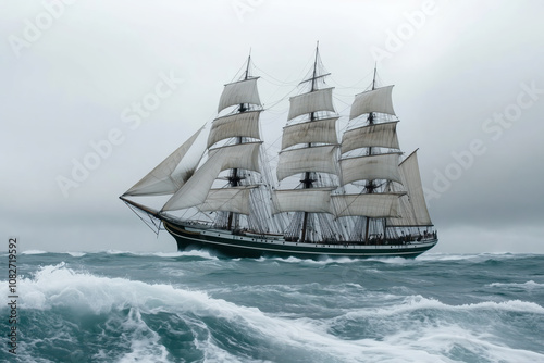 19th-century clipper ship with tall masts and full sails, cutting through ocean waves photo