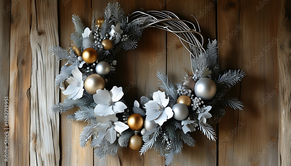 Elegant wreath made of silver and gold ornaments, perfect for decor Elegant wreath made of silver and gold ornaments, perfect for decor