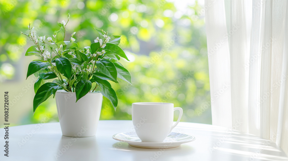 clean white table features fresh green plant and cup, creating cool and serene atmosphere. soft light enhances tranquil setting, perfect for relaxation