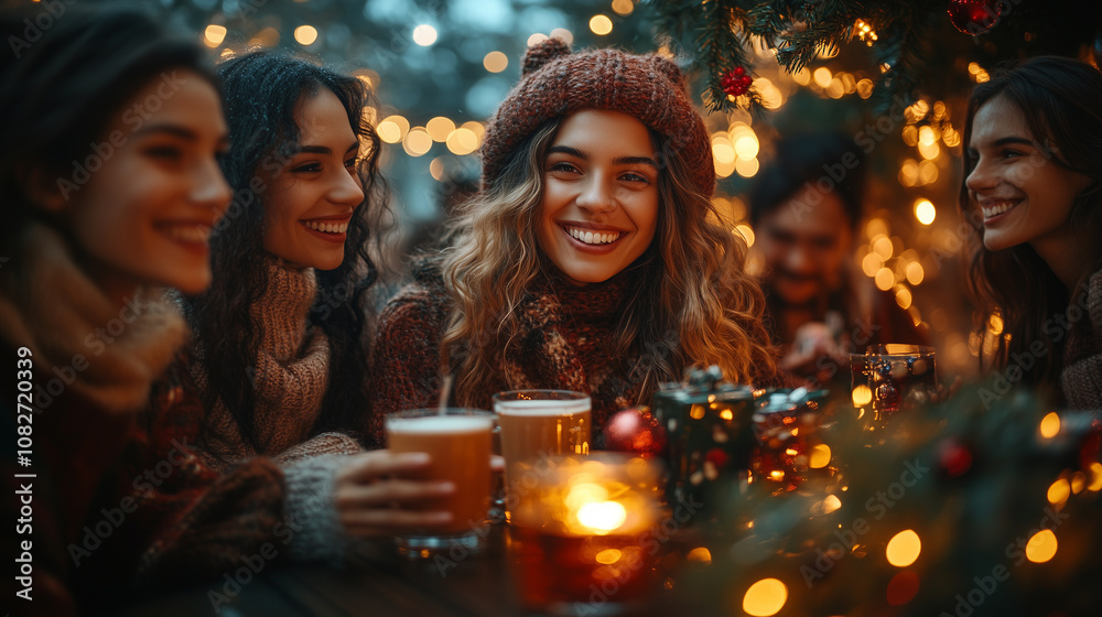 An office team enjoying a festive break, sipping hot drinks and exchanging gifts, surrounded by Christmas lights, decorations, and a festive tree An office team enjoying a festive break, sipping hot drinks and exchanging gifts, surrounded by Christmas lights, decorations, and a festive tree