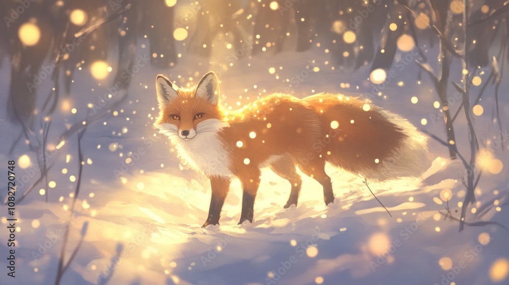 Red fox in snowy landscape with glowing fur Red fox in snowy landscape with glowing fur