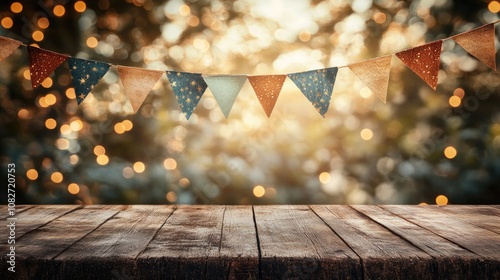 Colorful Bunting Flags Displayed Above a Rustic Wooden Table with a Warm Bokeh Background, Evoking a Sense of Celebration and Togetherness, Ideal for Event Promotions and Invitations
