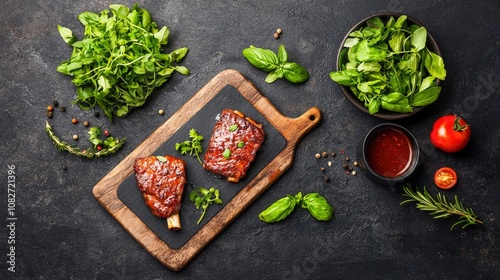 BBQ ribs slathered in sauce, juicy and tasty but high in sodium, indulgent meal photo