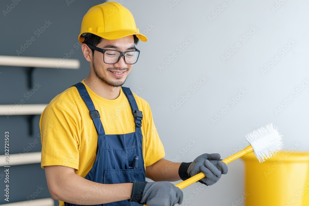 A cheerful young man in a yellow hard hat and gloves holds a paint roller, ready for a DIY project in a modern workspace. A cheerful young man in a yellow hard hat and gloves holds a paint roller, ready for a DIY project in a modern workspace.