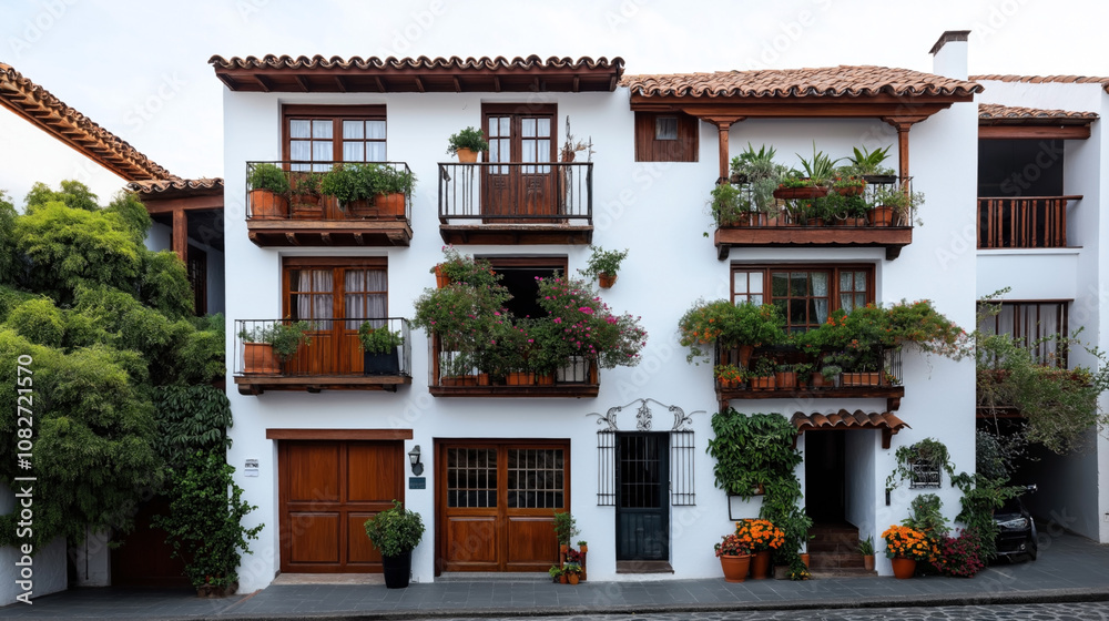 Charming residential building with white walls and terracotta roof, featuring wooden balconies adorned with lush green plants and vibrant flowers in ceramic pots. Charming residential building with white walls and terracotta roof, featuring wooden balconies adorned with lush green plants and vibrant flowers in ceramic pots.