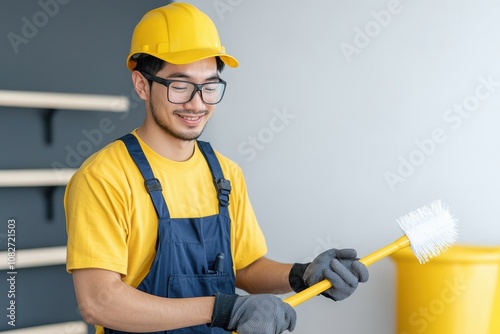 A cheerful young man in a yellow hard hat and gloves holds a paint roller, ready for a DIY project in a modern workspace. photo