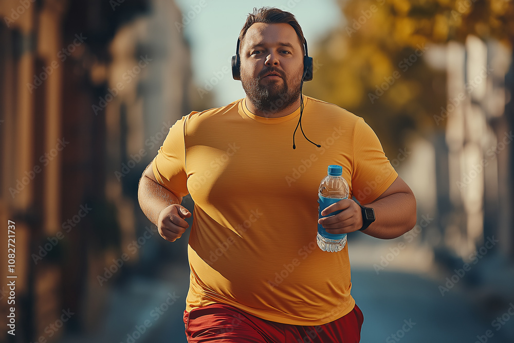 A chubby man wearing a headphones, is running outside while holding a water bottle in his hand A chubby man wearing a headphones, is running outside while holding a water bottle in his hand