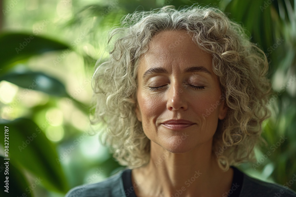 Middle-aged white woman with curly hair meditating on bamboo mat in spa, soft smile, eyes closed, green plant background, soft morning light, focusing on serene expression, medium close-up 2 Middle-aged white woman with curly hair meditating on bamboo mat in spa, soft smile, eyes closed, green plant background, soft morning light, focusing on serene expression, medium close-up 2