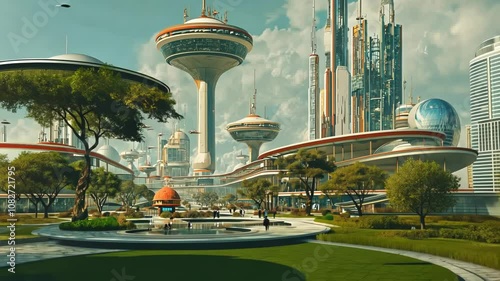 Retrofuturistic landscape in mid-century sci-fi style. Retro science fiction scene with futuristic city buildings photo