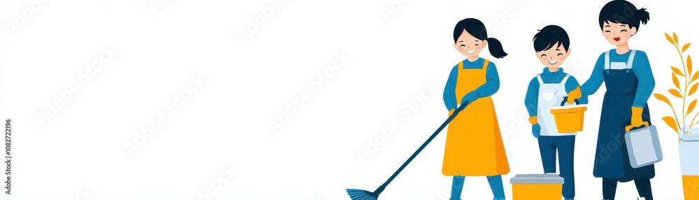 A cheerful illustration of three people engaged in cleaning activities, showcasing teamwork and household chores. A cheerful illustration of three people engaged in cleaning activities, showcasing teamwork and household chores.