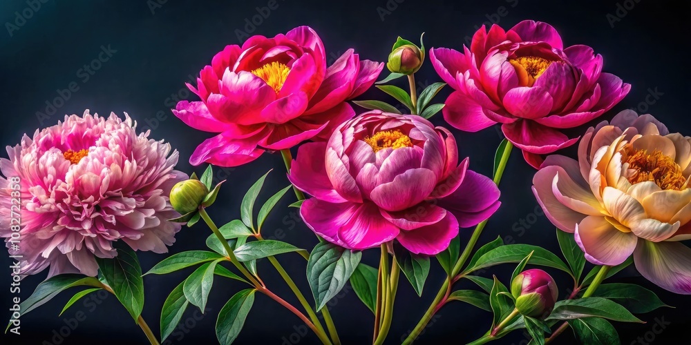 Vibrant peonies unfurl in a stunning panorama, set against a deep background, highlighting intricate textures that elevate floral aesthetics and evoke rich emotional depth. Vibrant peonies unfurl in a stunning panorama, set against a deep background, highlighting intricate textures that elevate floral aesthetics and evoke rich emotional depth.