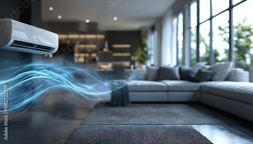 A modern white air conditioner with blue waves of cool breeze flowing out, set in an indoor living room environment. 