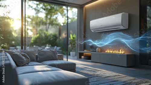 A modern white air conditioner with blue flowing waves of fresh, clean air floating out from its side in the living room. 