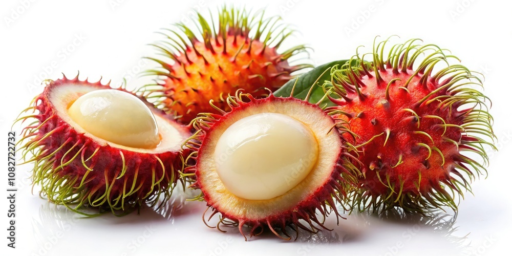 Vibrant rambutan fruit rests against a pristine white background, showcasing its exotic allure and tropical charm, perfect for enticing food photography and culinary inspiration. Vibrant rambutan fruit rests against a pristine white background, showcasing its exotic allure and tropical charm, perfect for enticing food photography and culinary inspiration.