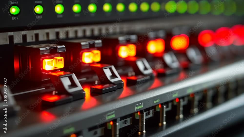 Red lights illuminate a server rack, signaling activity Red lights illuminate a server rack, signaling activity