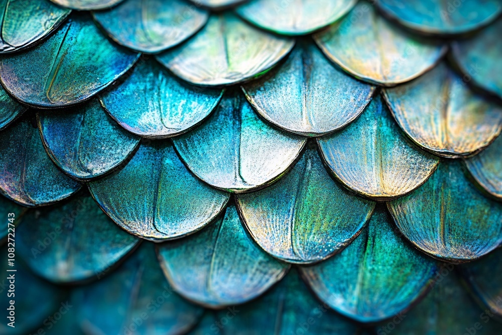 Obraz premium Iridescent fish scales with blue-green gradient, polished and shiny surface, intricate texture, close-up, high-detail lighting for vibrance 2