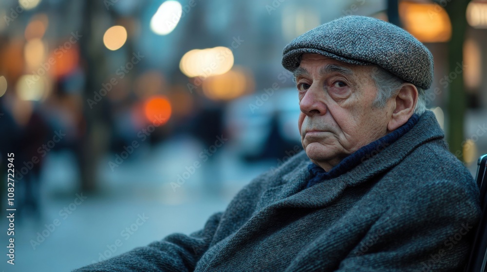 An elderly man wearing a wool coat and flat cap sits thoughtfully in a wheelchair outdoors, with a blurred urban street background creating a calm atmosphere An elderly man wearing a wool coat and flat cap sits thoughtfully in a wheelchair outdoors, with a blurred urban street background creating a calm atmosphere
