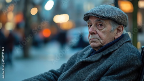 An elderly man wearing a wool coat and flat cap sits thoughtfully in a wheelchair outdoors, with a blurred urban street background creating a calm atmosphere