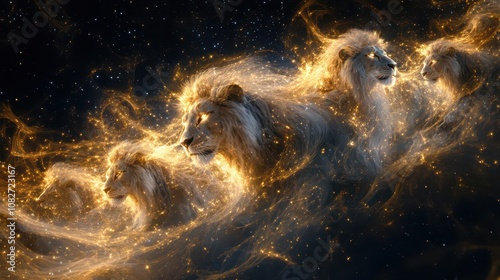Cosmic Lion Pride as Celestial Guardians: Ethereal Background with Flowing Mane Galaxies, Star-Core Eyes, and Royal Golds for Spiritual Leadership and Family Constellation Therapy.