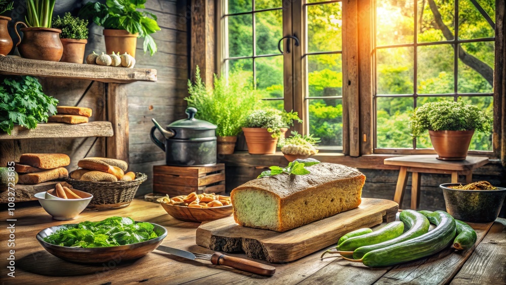 Warm lighting envelops a rustic kitchen, radiating cozy culinary vibes while the sweet scent of freshly baked zucchini bread fills the air. Warm lighting envelops a rustic kitchen, radiating cozy culinary vibes while the sweet scent of freshly baked zucchini bread fills the air.