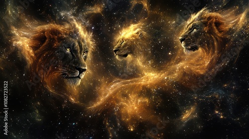 Cosmic Lion Pride as Celestial Guardians: Ethereal Background with Flowing Mane Galaxies, Star-Core Eyes, and Royal Golds for Spiritual Leadership and Family Constellation Therapy.