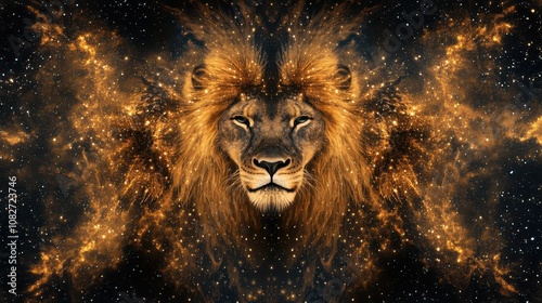 Cosmic Lion Pride as Celestial Guardians: Ethereal Background with Flowing Mane Galaxies, Star-Core Eyes, and Royal Golds for Spiritual Leadership and Family Constellation Therapy.