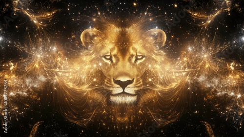 Cosmic Lion Pride as Celestial Guardians: Ethereal Background with Flowing Mane Galaxies, Star-Core Eyes, and Royal Golds for Spiritual Leadership and Family Constellation Therapy.